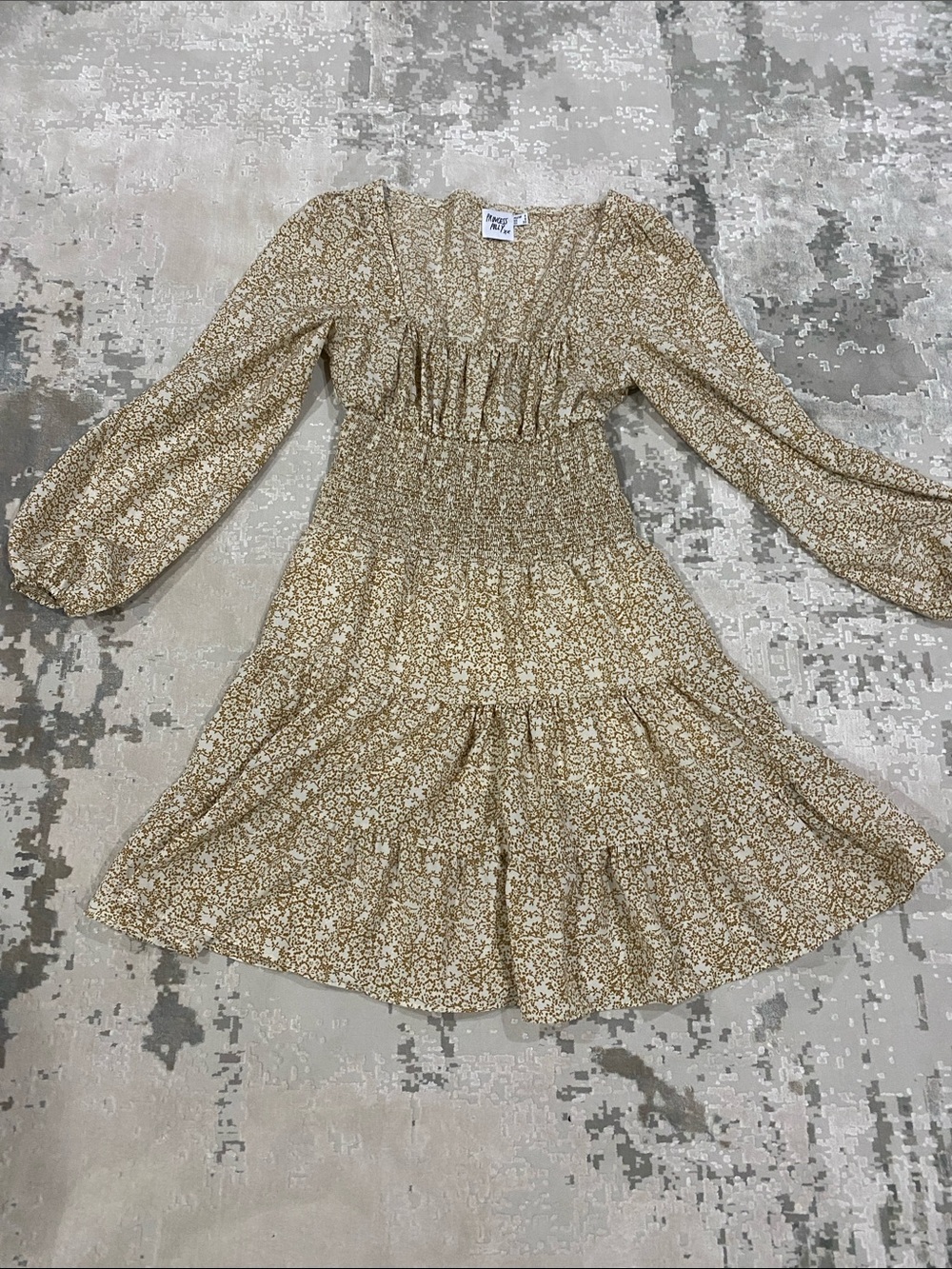 Princess Polly Cream & Tan Floral Smocked Long Sleeve Mini Dress
